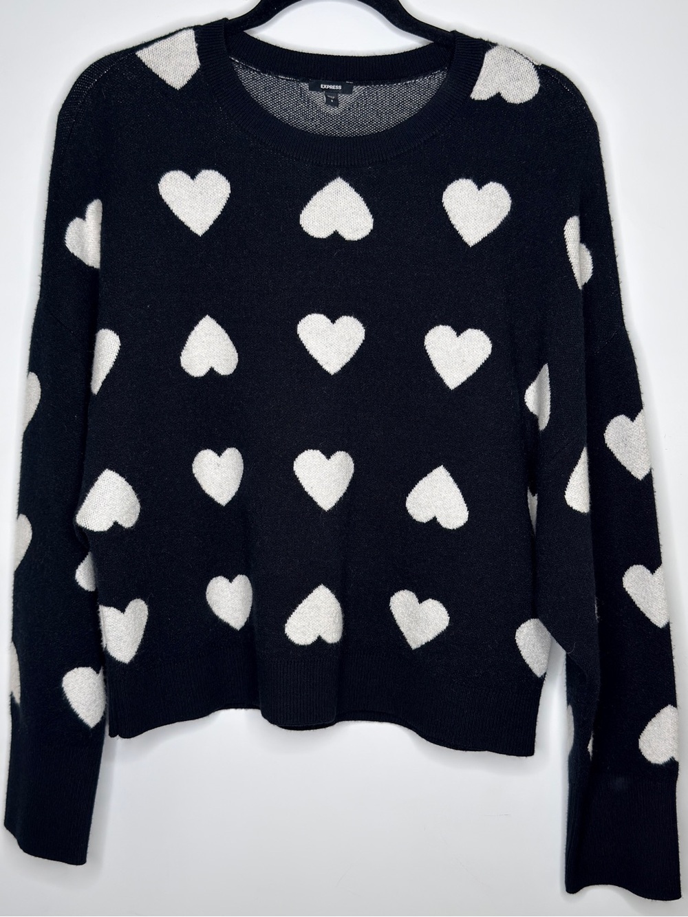 Express Women’s Black Crewneck Sweater with White Heart Pattern Small